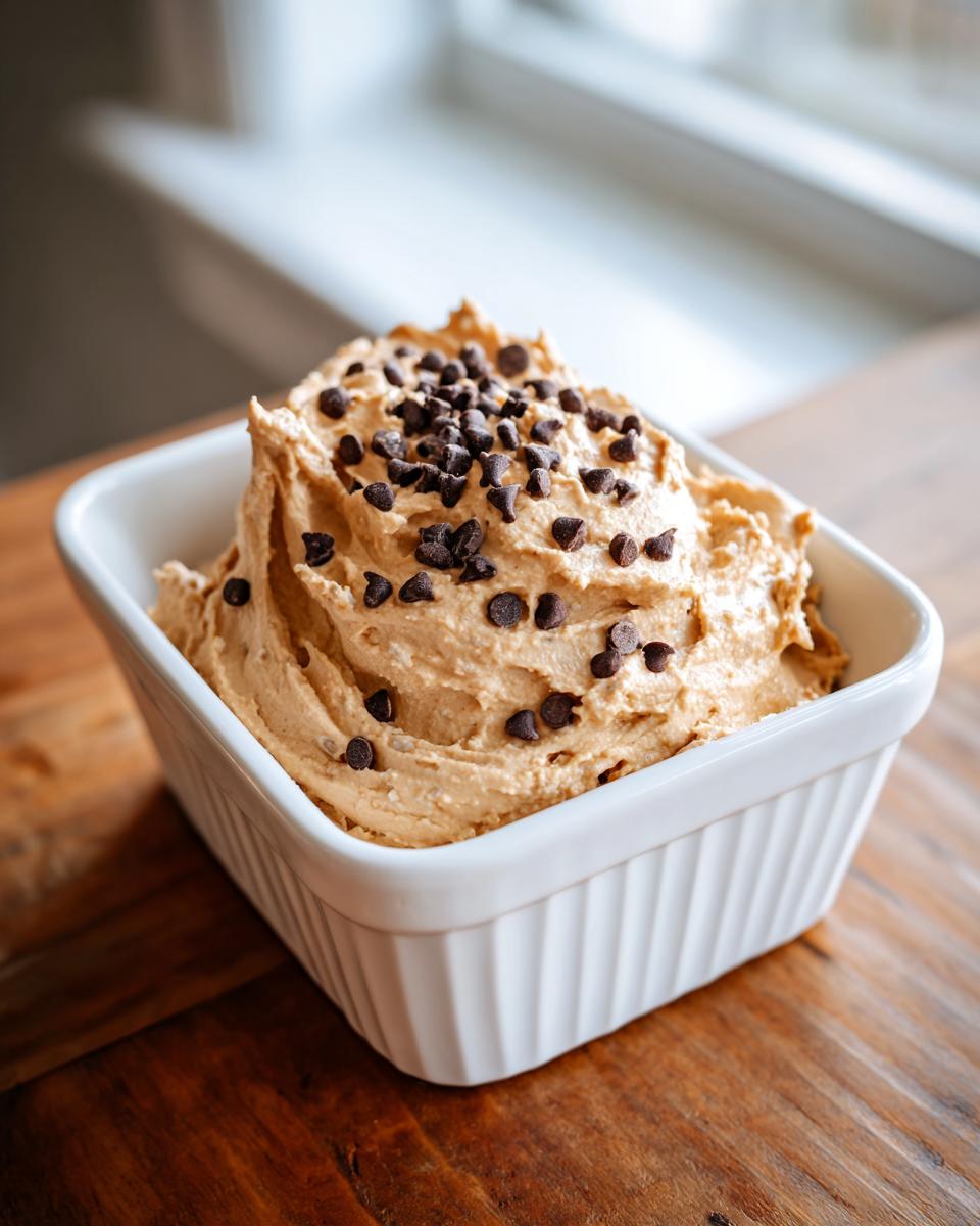 A close-up of creamy peanut butter dip topped generously with mini chocolate chips in a white square dish.