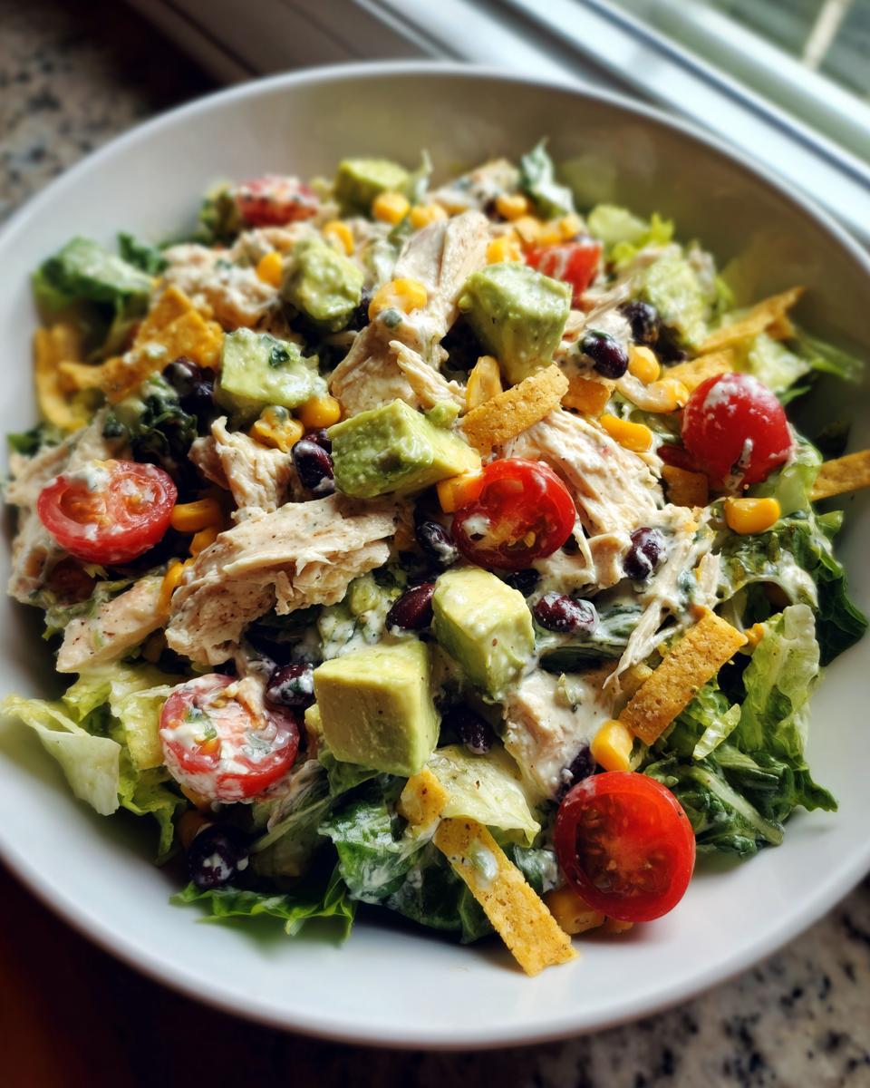 A close-up view of a hearty southwest salad featuring shredded chicken, avocado chunks, black beans, corn, tomatoes, and tortilla strips in a creamy dressing.
