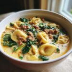 A close-up of a bowl of creamy tortellini soup featuring cheese tortellini, ground sausage, and wilted spinach.