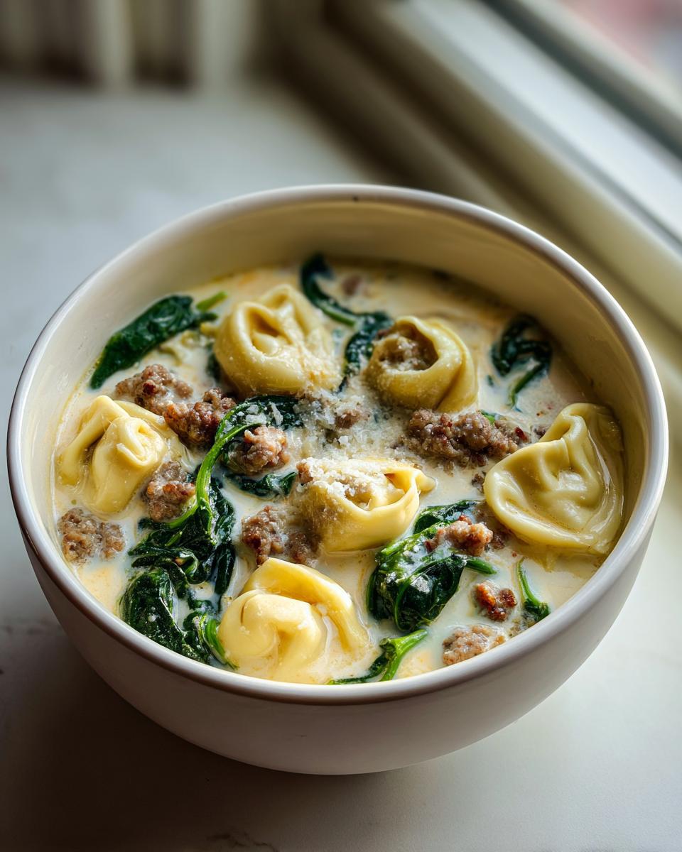 Close-up of a creamy tortellini soup featuring cheese tortellini, crumbled sausage, and wilted spinach, topped with Parmesan.