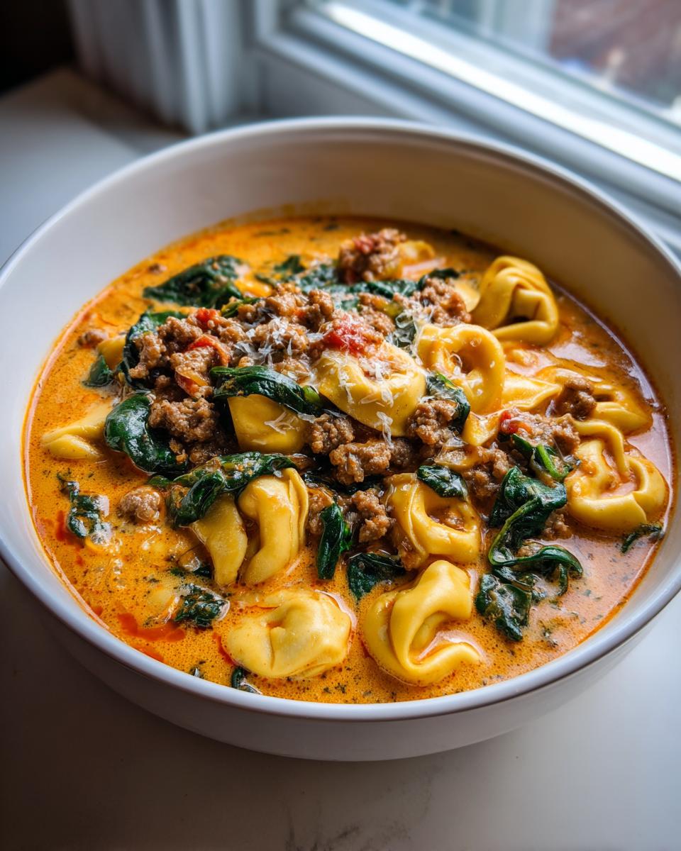 A close-up of a bowl of creamy tortellini soup, featuring cheese tortellini, ground sausage, and wilted spinach in a rich orange broth.