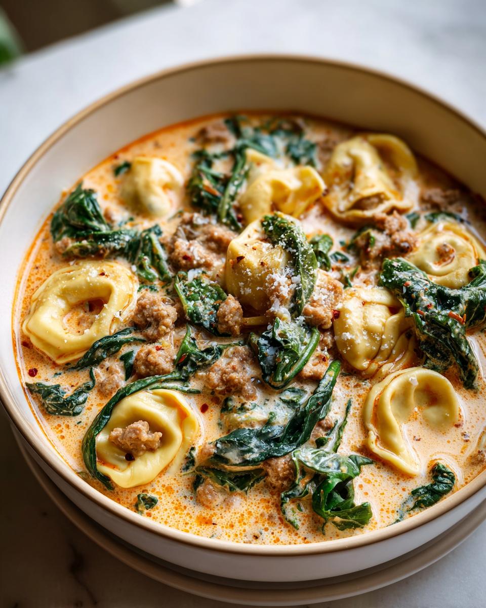 Close-up of a creamy tortellini soup featuring cheese tortellini, crumbled sausage, and wilted spinach, topped with Parmesan.