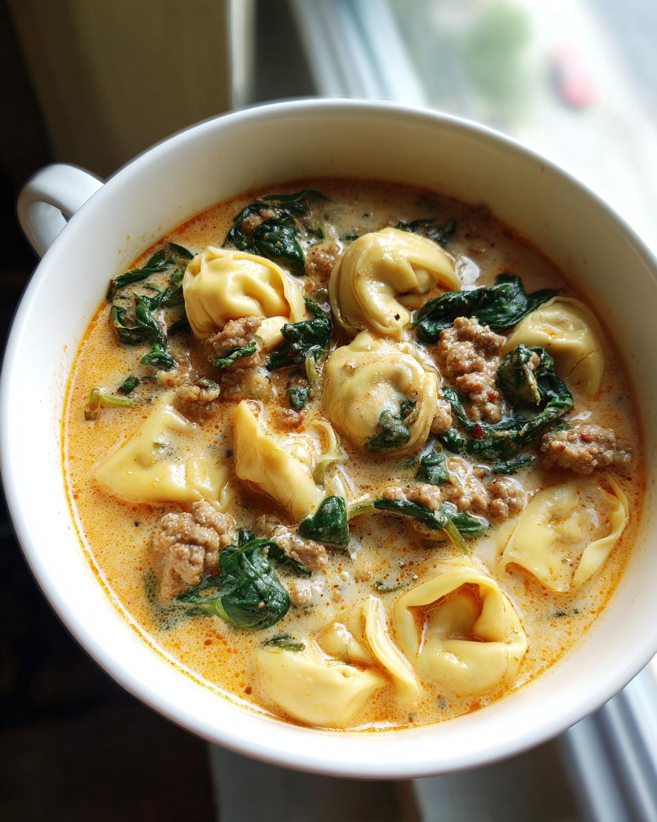 A close-up view of a white bowl filled with creamy tortellini soup featuring cheese tortellini, ground sausage, and wilted spinach.