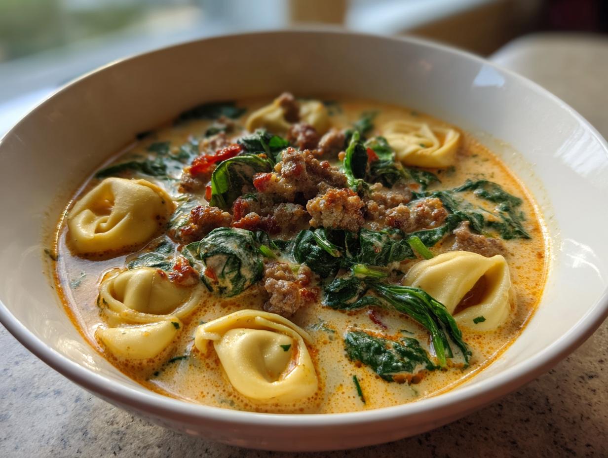 A close-up, appetizing view of a bowl of creamy tortellini soup featuring cheese tortellini, crumbled sausage, and wilted spinach.
