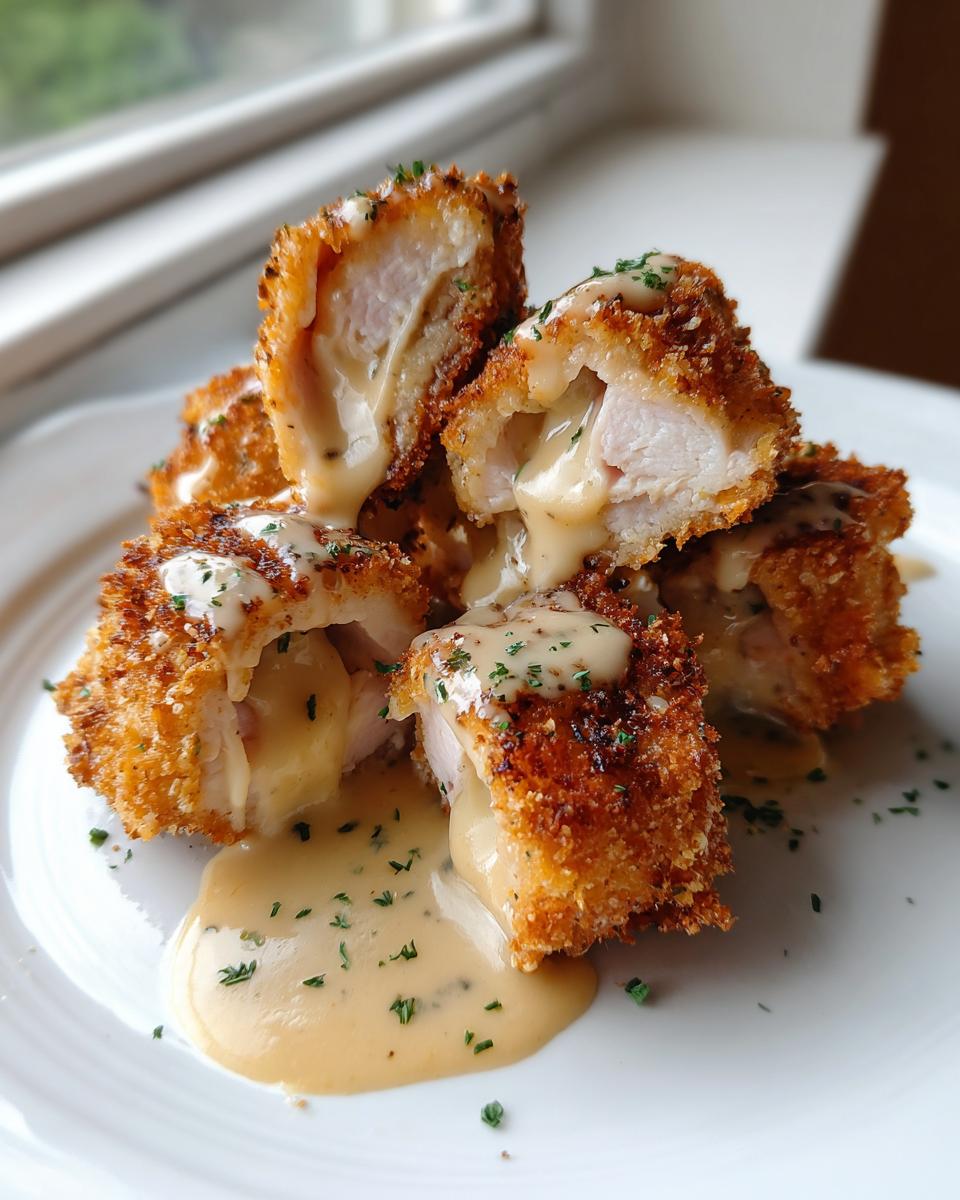 Close-up of cut pieces of golden-brown, crispy chicken cordon bleu oozing melted cheese and topped with sauce.