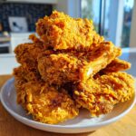 A tempting stack of golden brown, crispy fried chicken wings piled high on a white plate.
