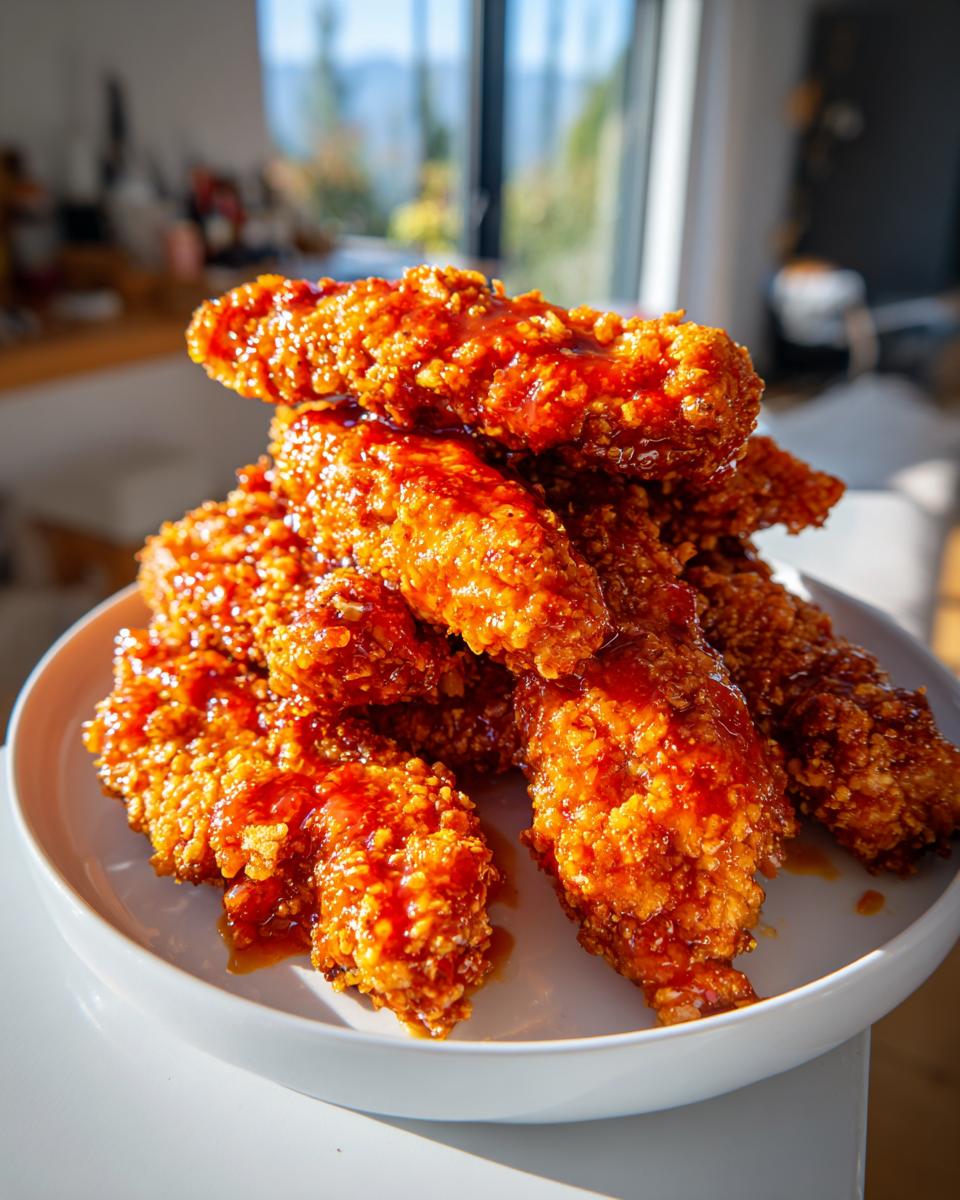 A pile of crispy, glazed hot honey chicken tenders stacked high on a white plate, glistening under bright light.