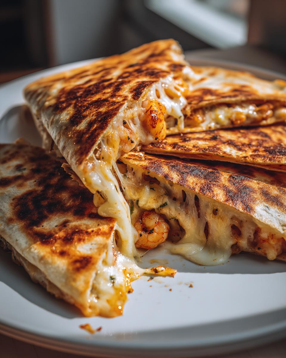 Close-up of a perfectly grilled shrimp quesadilla cut into wedges, showing melted cheese stretching and visible seasoned shrimp.