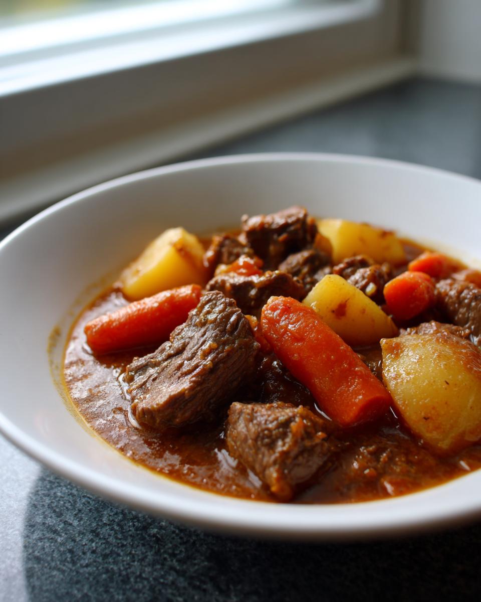 Close-up of tender chunks of beef, carrots, and potatoes in a rich gravy, serving of crockpot beef stew.