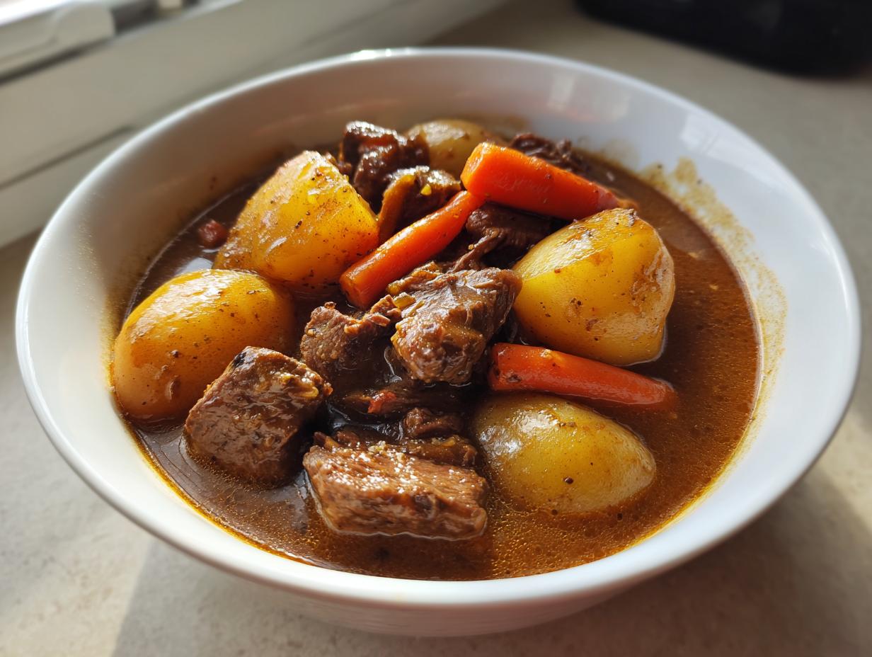 A close-up of a rich, savory bowl of crockpot beef stew featuring chunks of beef, potatoes, and carrots in a dark broth.