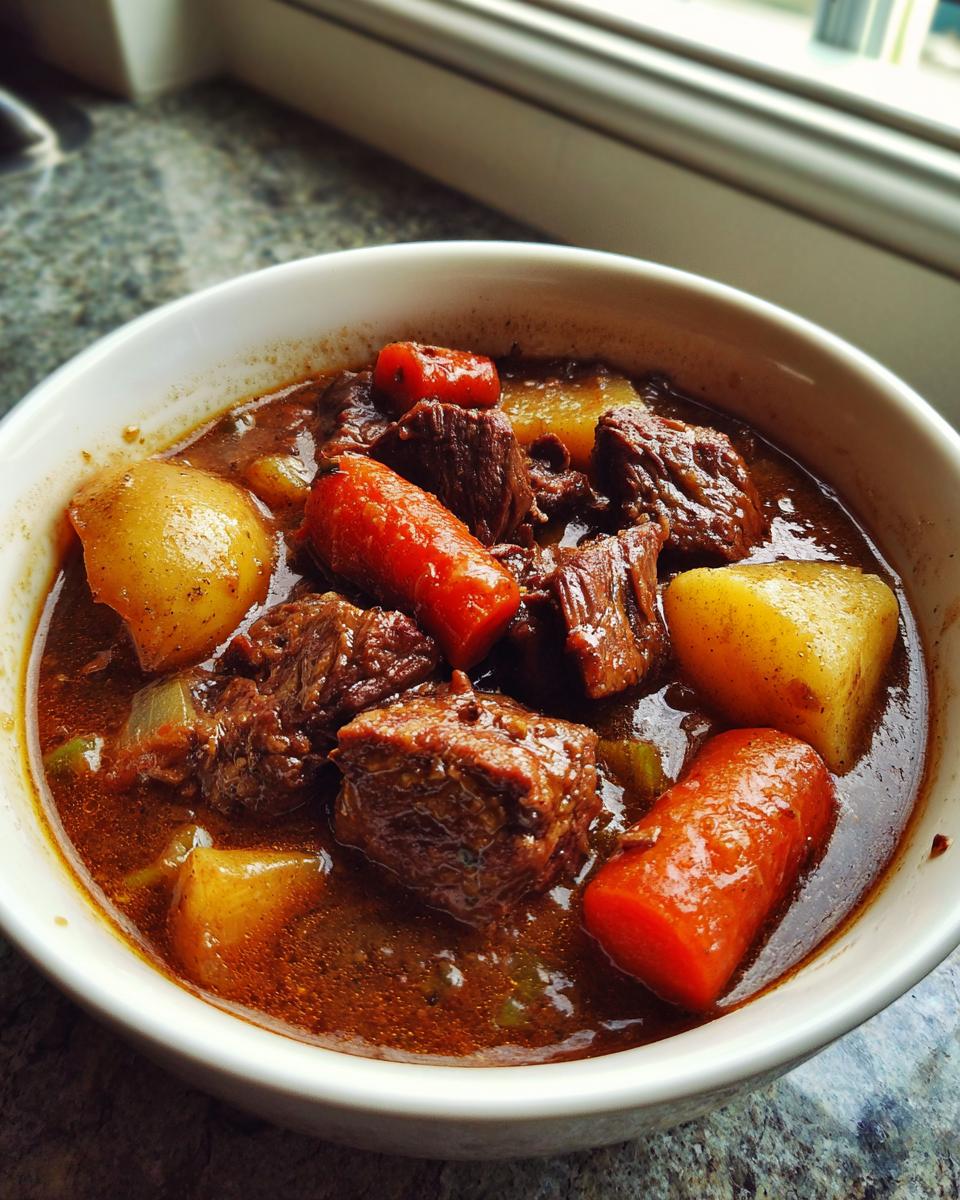 Close-up of a bowl filled with rich, dark crockpot beef stew featuring tender beef chunks, bright orange carrots, and yellow potatoes.