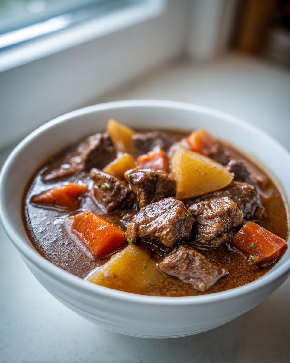 Close-up of a white bowl filled with rich, dark crockpot beef stew featuring tender beef chunks, potatoes, and carrots.