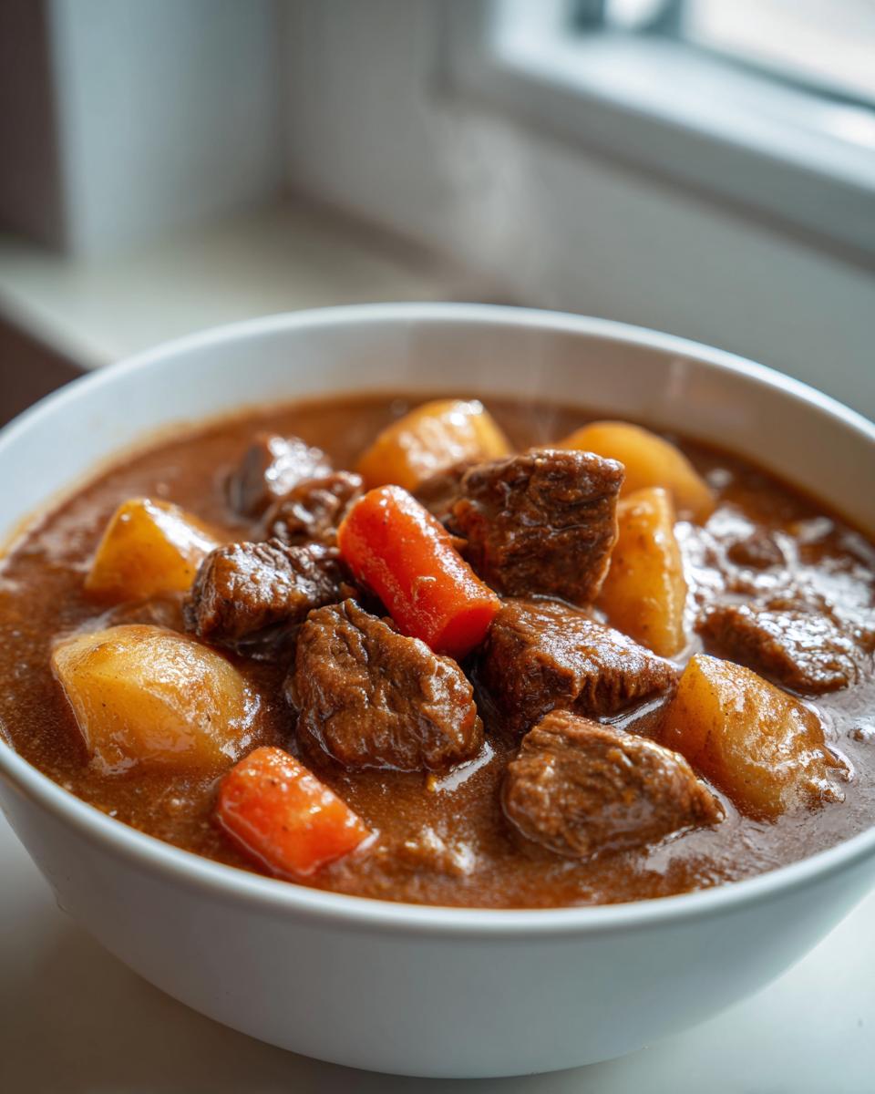 Close-up of a white bowl filled with steaming crockpot beef stew, featuring tender beef chunks, potatoes, and bright carrots.