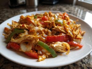 A white plate filled with shredded chicken, sliced onions, and red and green bell peppers seasoned for crockpot chicken fajitas.