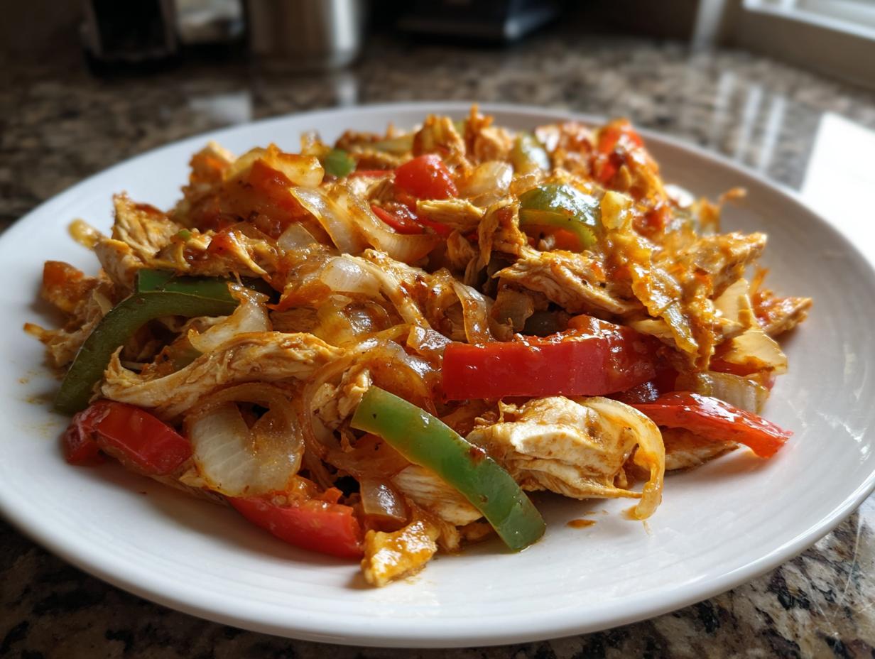 A white plate filled with shredded chicken, sliced onions, and red and green bell peppers seasoned for crockpot chicken fajitas.