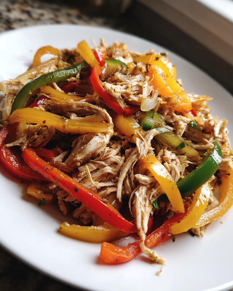 Close-up of shredded crockpot chicken fajitas mixed with vibrant red, yellow, and green bell pepper strips.