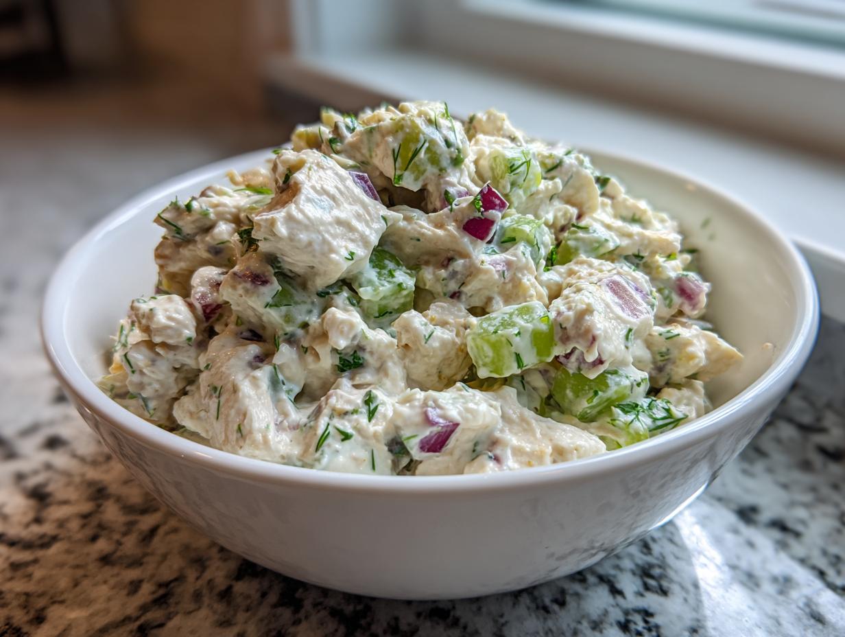 Close-up of a white bowl filled with creamy dill pickle chicken salad featuring chunks of chicken, celery, and red onion.