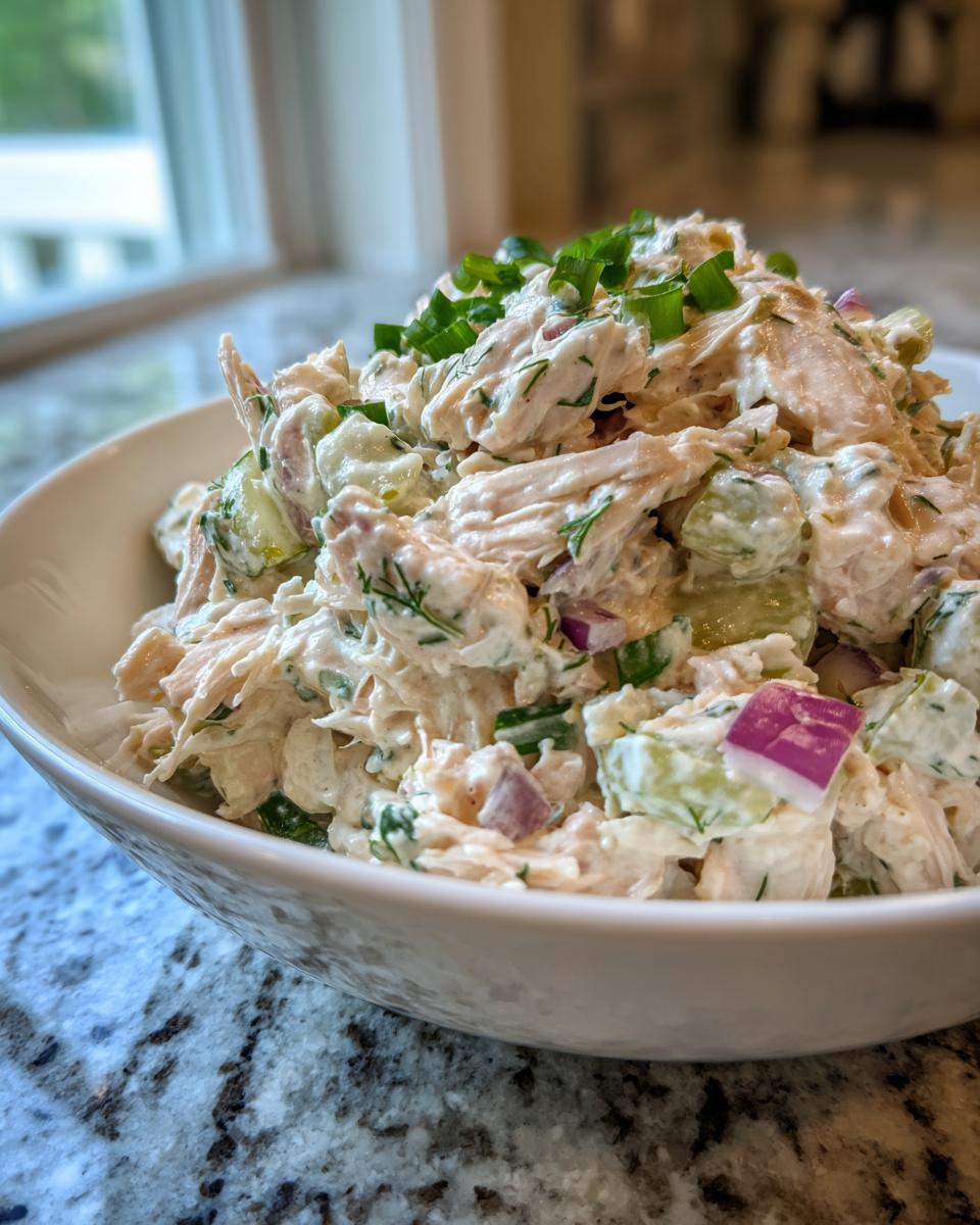 A close-up of creamy dill pickle chicken salad mixed with chunks of cucumber and red onion, topped with green onions.
