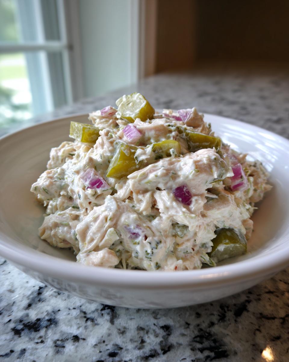 A close-up of creamy dill pickle chicken salad mixed with red onion and large pickle chunks, served in a white bowl.