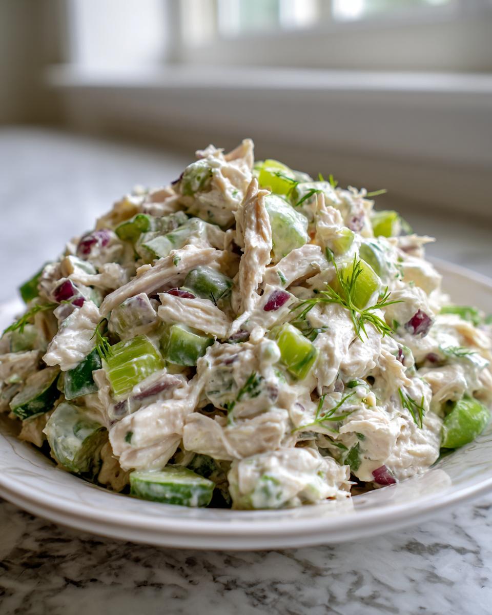 A mound of creamy dill pickle chicken salad featuring shredded chicken, celery, red onion, and fresh dill on a white plate.