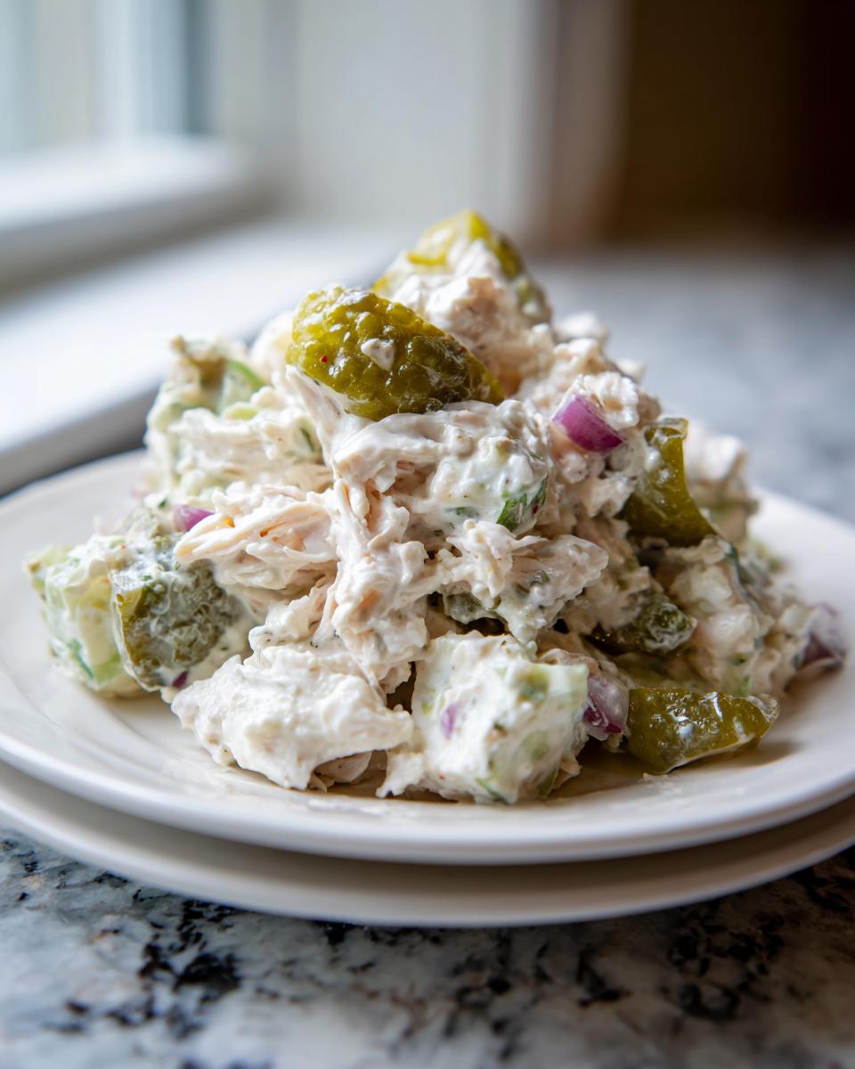 A mound of creamy dill pickle chicken salad topped with sliced pickles, served on white plates.