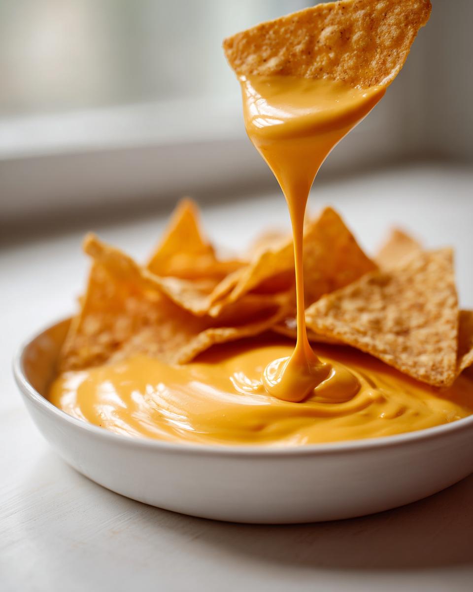 A tortilla chip dripping with smooth, bright orange nacho cheese sauce being lifted from a white bowl full of chips and sauce.