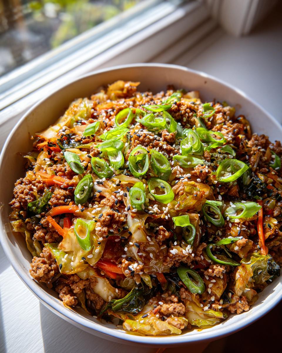 A close-up of a hearty bowl of egg roll in a bowl, topped with green onions and sesame seeds.