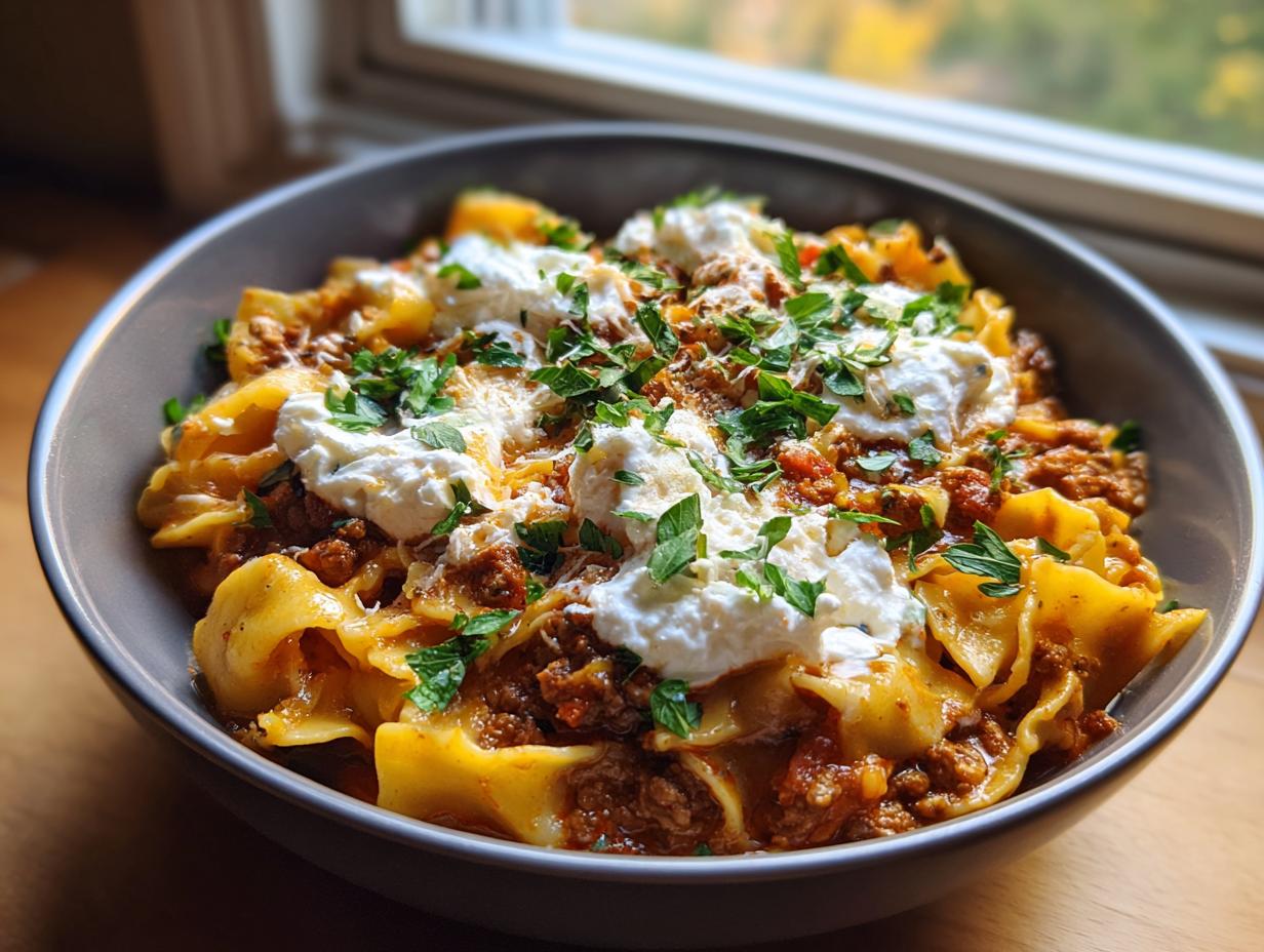 A close-up of a hearty bowl of instant pot lasagna soup topped with dollops of ricotta and fresh parsley.