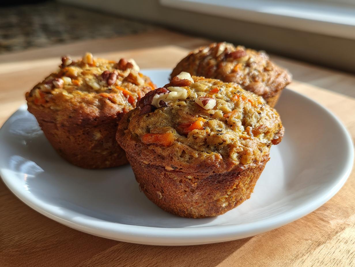 Three delicious morning glory muffins topped with chopped pecans, sitting on a white plate in natural light.