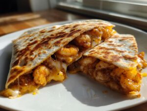 A perfectly grilled shrimp quesadilla cut in half, showing melted cheese and seasoned shrimp filling.