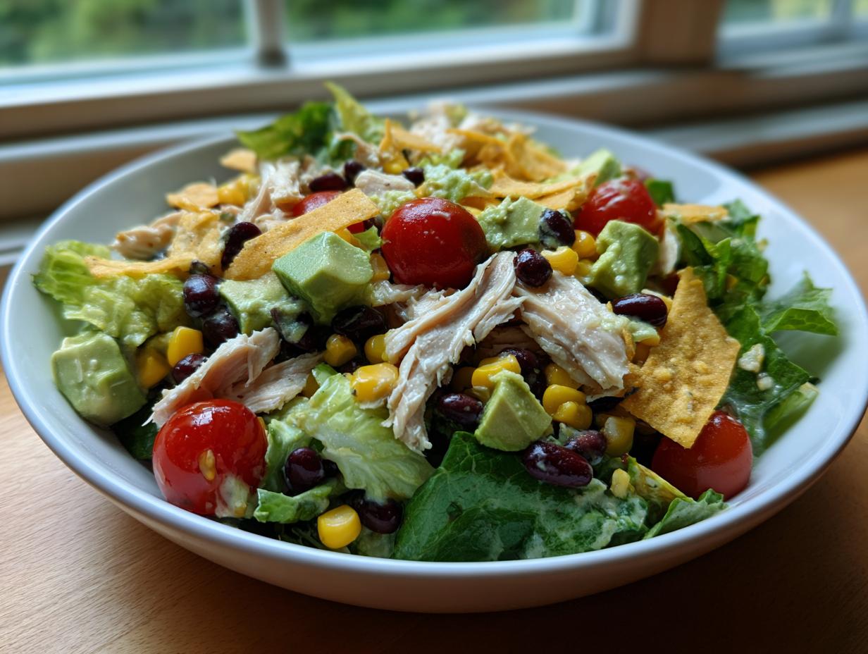 Close-up of a vibrant southwest salad featuring shredded chicken, avocado chunks, black beans, corn, cherry tomatoes, and tortilla chips.