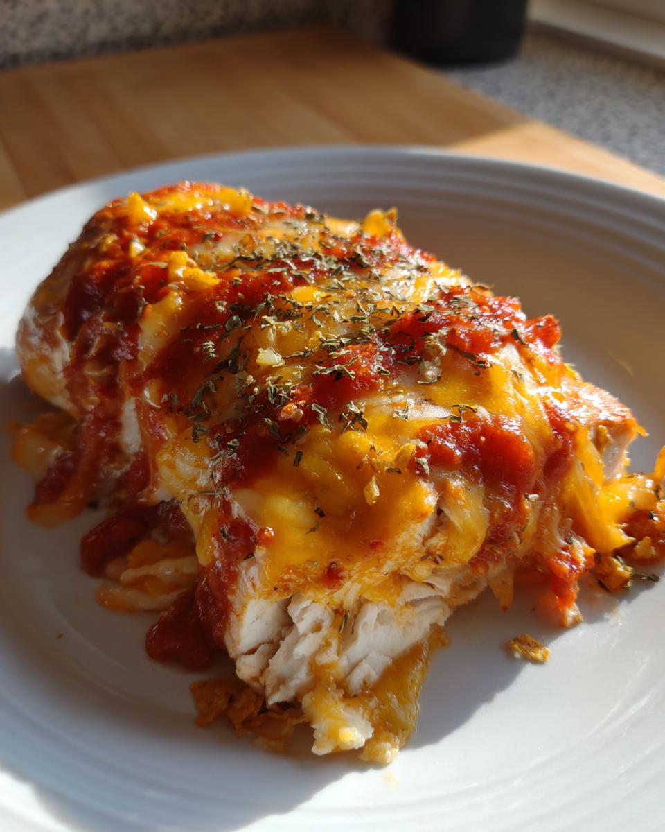 Close-up of a portion of Fiesta Lime Chicken topped with melted cheese, red sauce, and herbs.