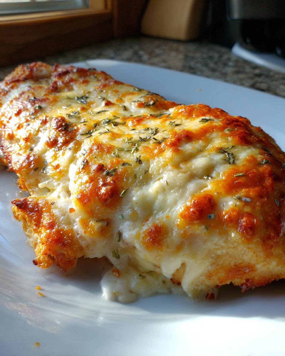Close-up of a baked portion of fiesta lime chicken covered in melted, bubbly cheese and herbs.