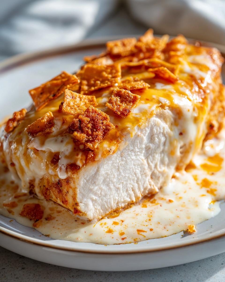 A cross-section of juicy Fiesta Lime Chicken breast covered in creamy sauce and crunchy tortilla chip pieces.