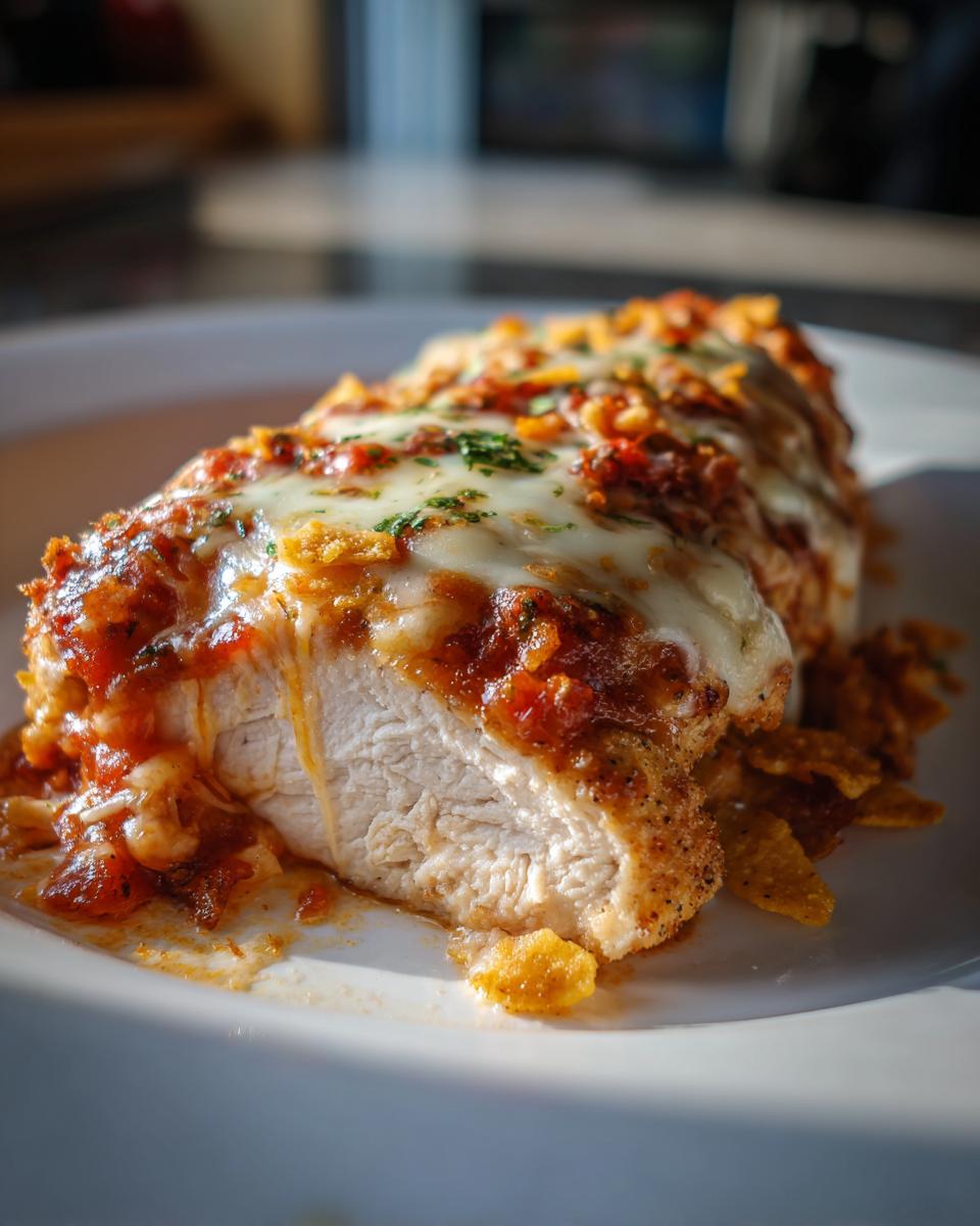 Close-up of a cross-section of Fiesta Lime Chicken topped with salsa and melted white cheese.