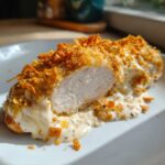 Close-up of a juicy, cross-sectioned Fiesta Lime Chicken breast topped with crunchy coating and creamy sauce.