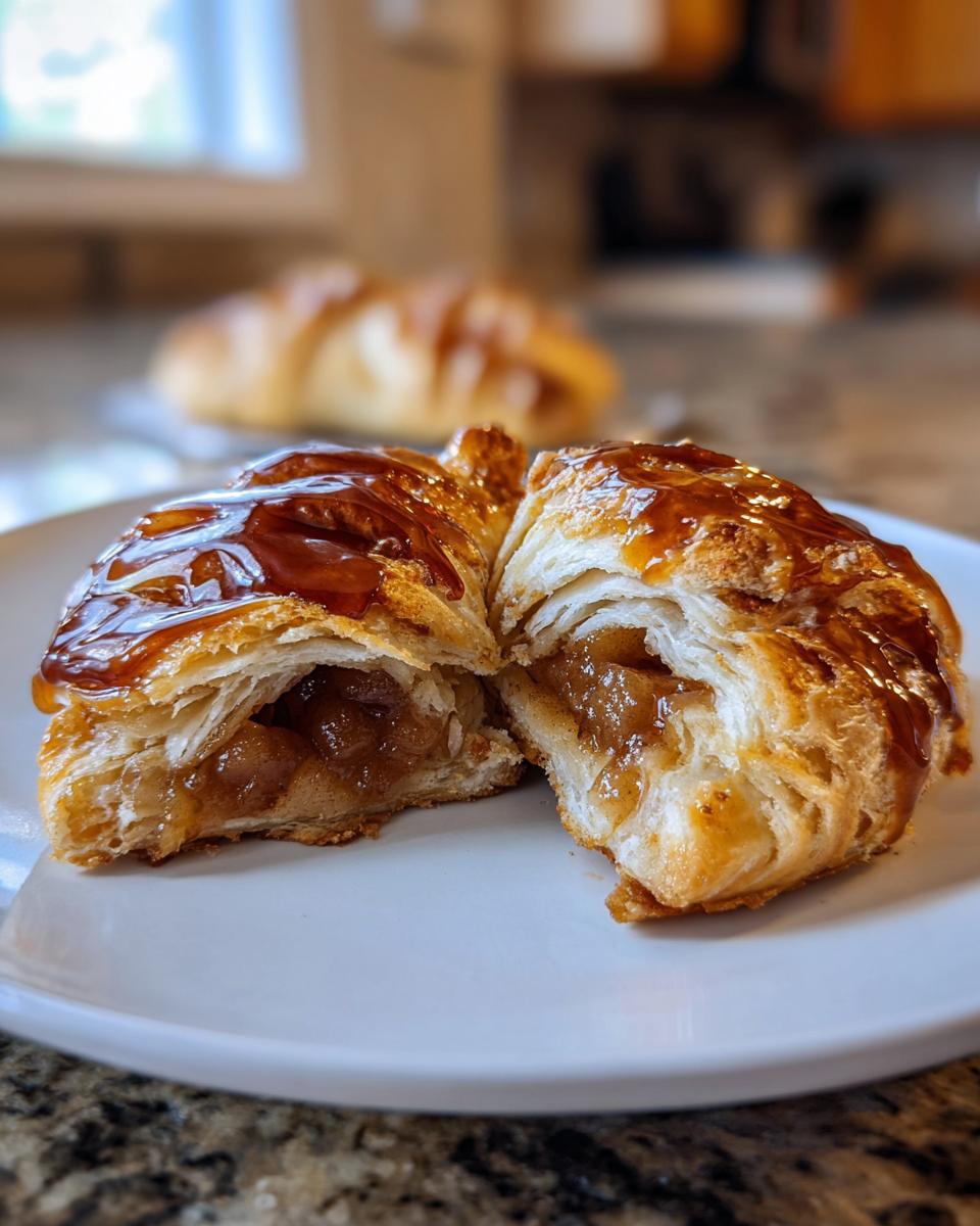 Close-up of a flaky pastry apple dumpling cut in half, showing spiced apple filling and drizzled with caramel sauce.