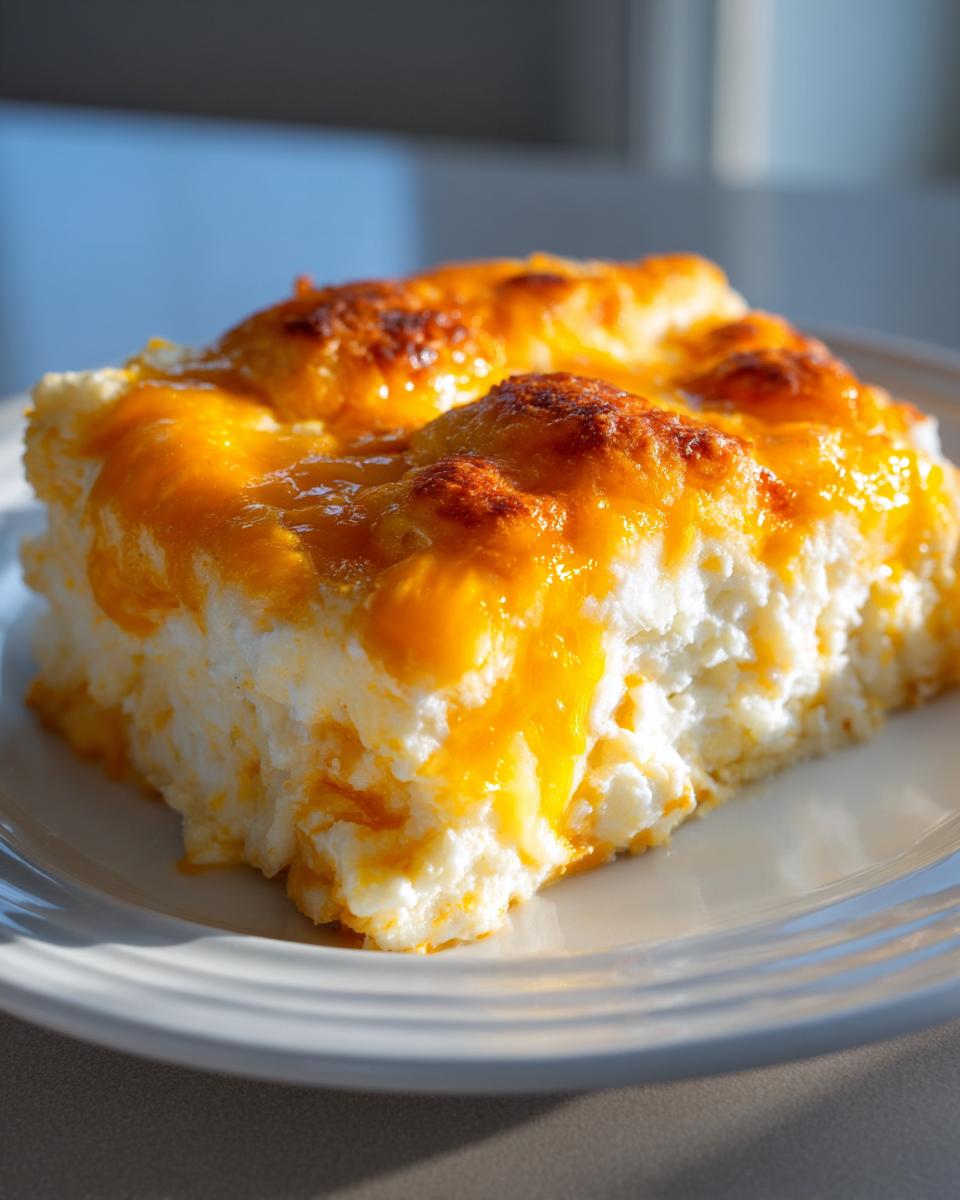 A close-up of a fluffy, white slice of john wayne casserole topped with melted, slightly browned cheddar cheese.