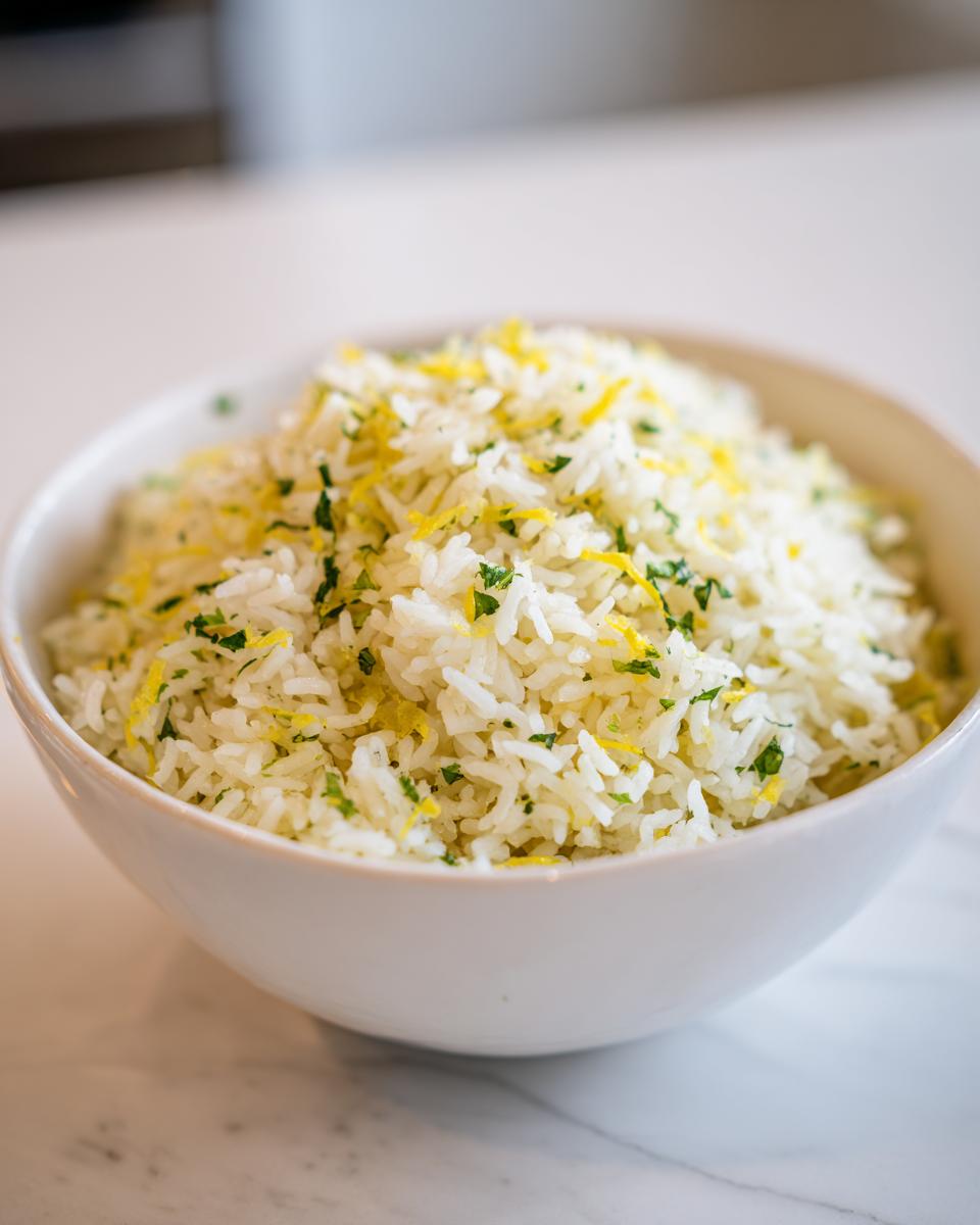Close-up of a white bowl filled with fluffy mediterranean rice topped with bright yellow lemon zest and chopped green parsley.