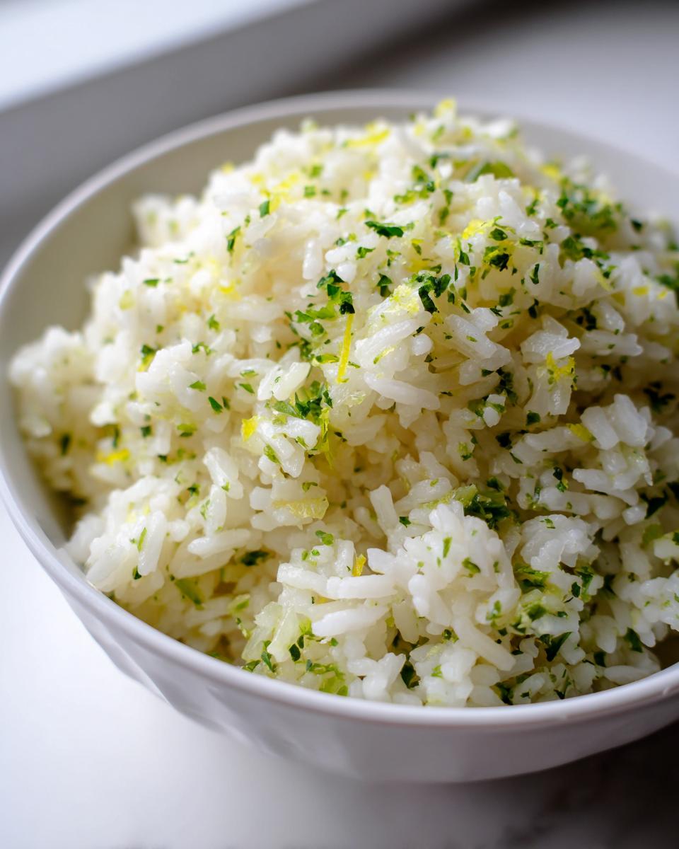Close-up of fluffy white mediterranean rice in a white bowl, topped with bright green parsley and yellow lemon zest.