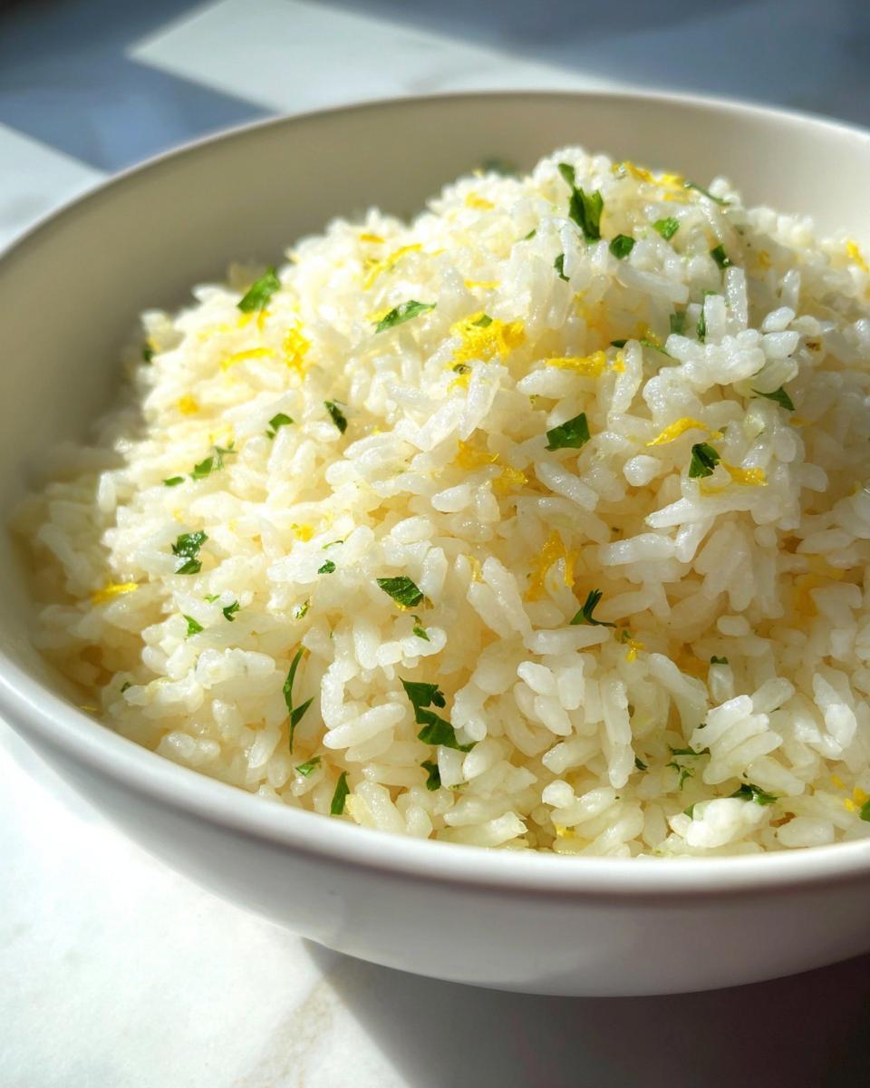 Close-up of fluffy white mediterranean rice topped with bright yellow lemon zest and chopped green parsley.