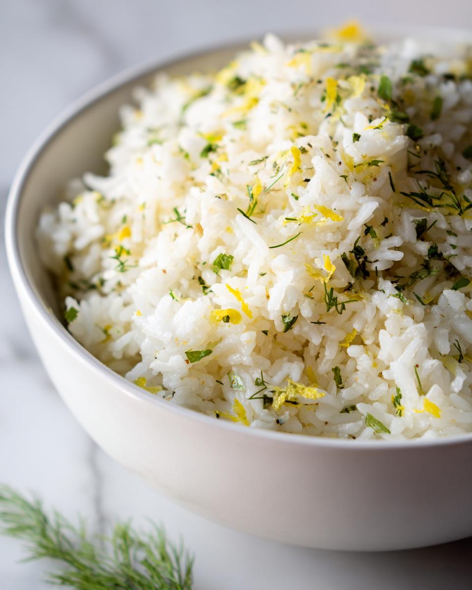 Close-up of fluffy white mediterranean rice topped with bright yellow lemon zest and chopped green herbs like dill and parsley.