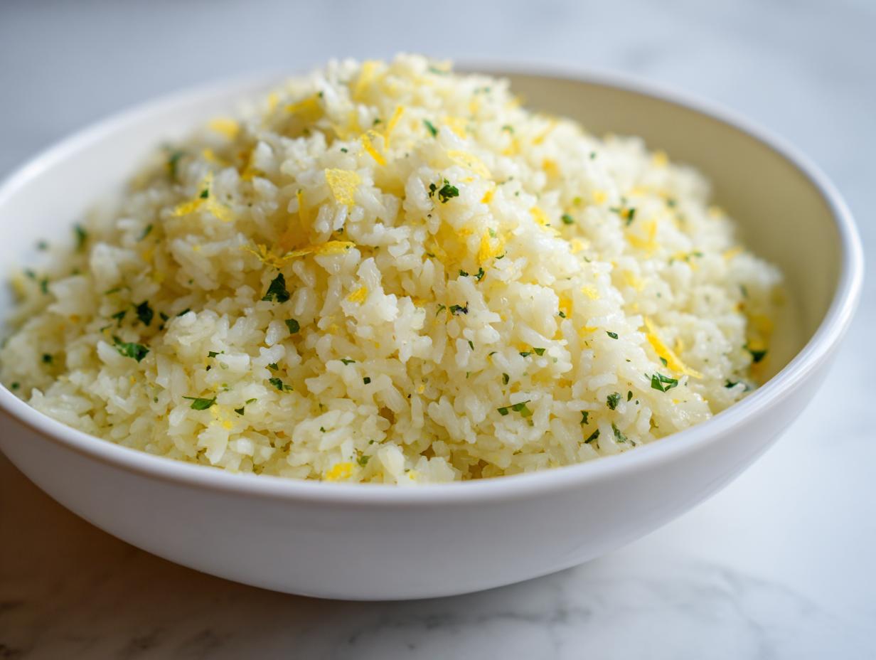 A close-up of fluffy mediterranean rice topped with bright yellow lemon zest and chopped green parsley in a white bowl.