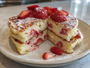 Close-up of fluffy strawberry pancakes cut open to show the fruit inside, topped with fresh strawberries and powdered sugar.