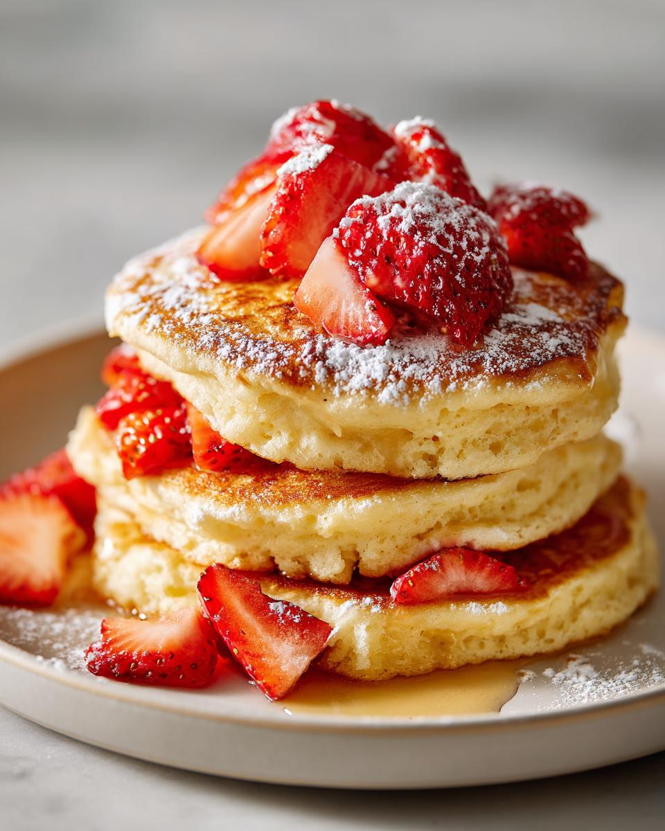 A close-up of a tall stack of fluffy strawberry pancakes topped with fresh sliced strawberries and powdered sugar.