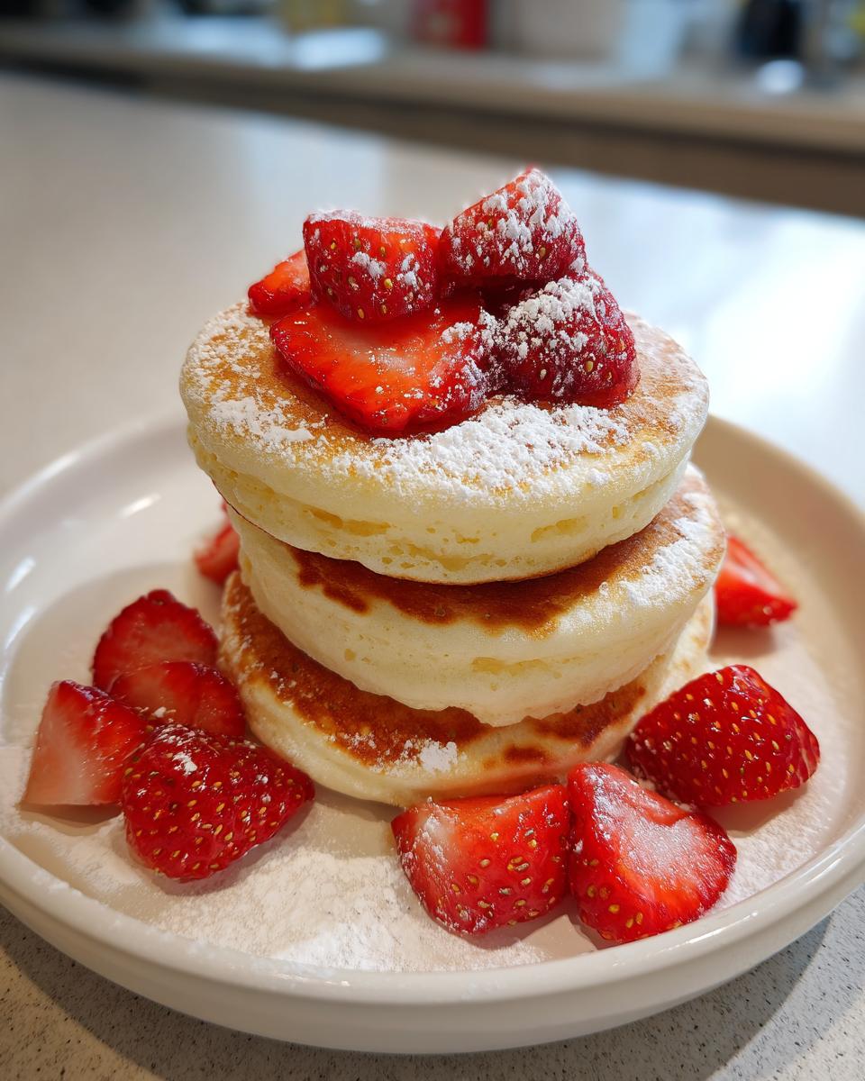 A tall stack of three fluffy strawberry pancakes topped with fresh sliced strawberries and dusted with powdered sugar.