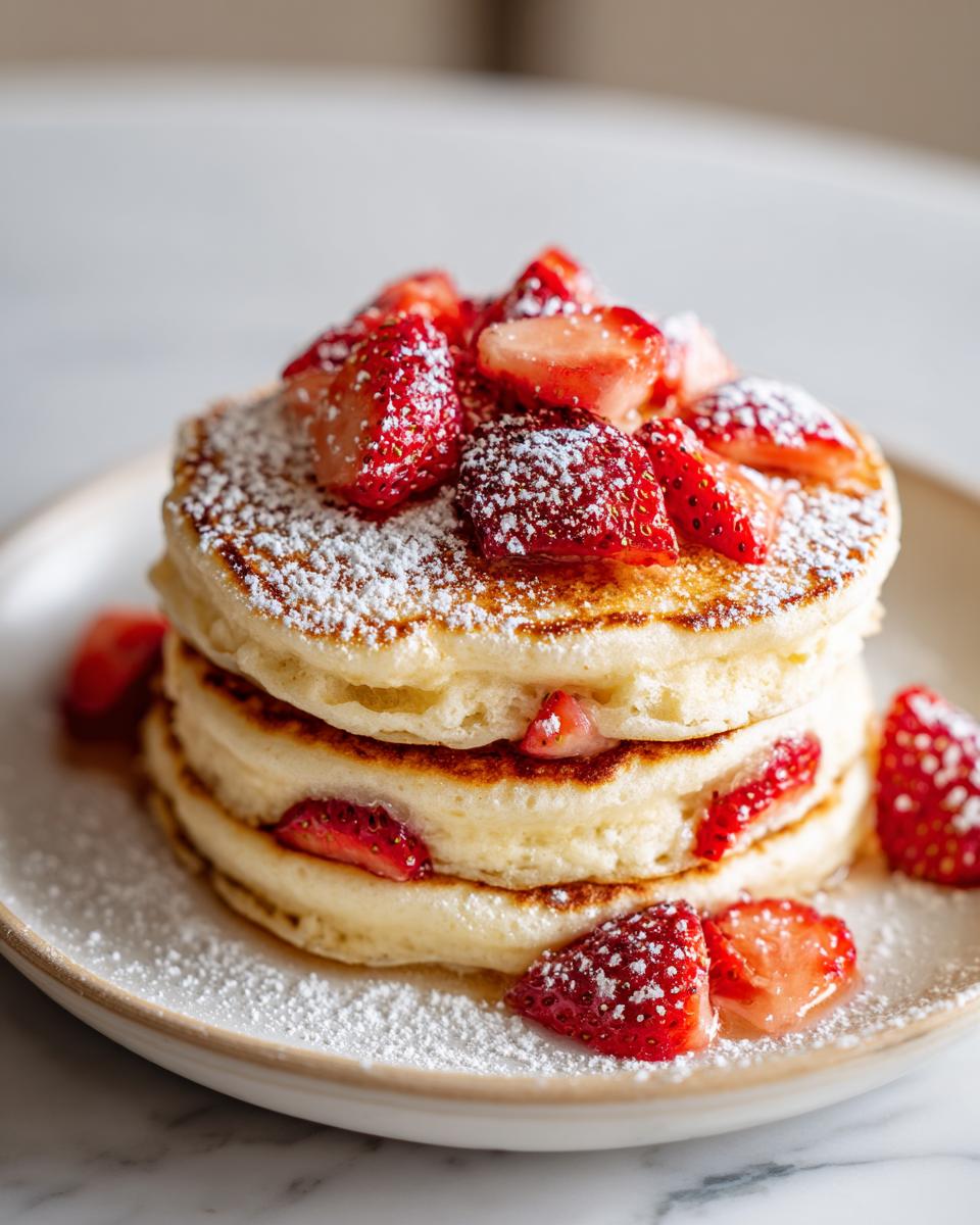 A tall stack of fluffy strawberry pancakes topped with fresh sliced strawberries and dusted heavily with powdered sugar.