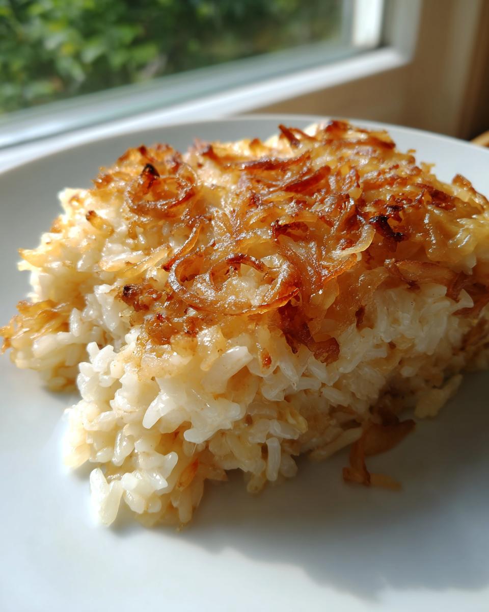 A close-up of a serving of French onion butter rice topped with golden, crispy fried onions.