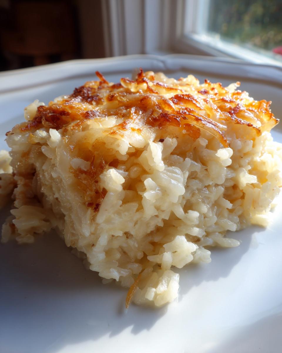 A square serving of creamy French onion butter rice with a golden, caramelized onion and cheese topping.