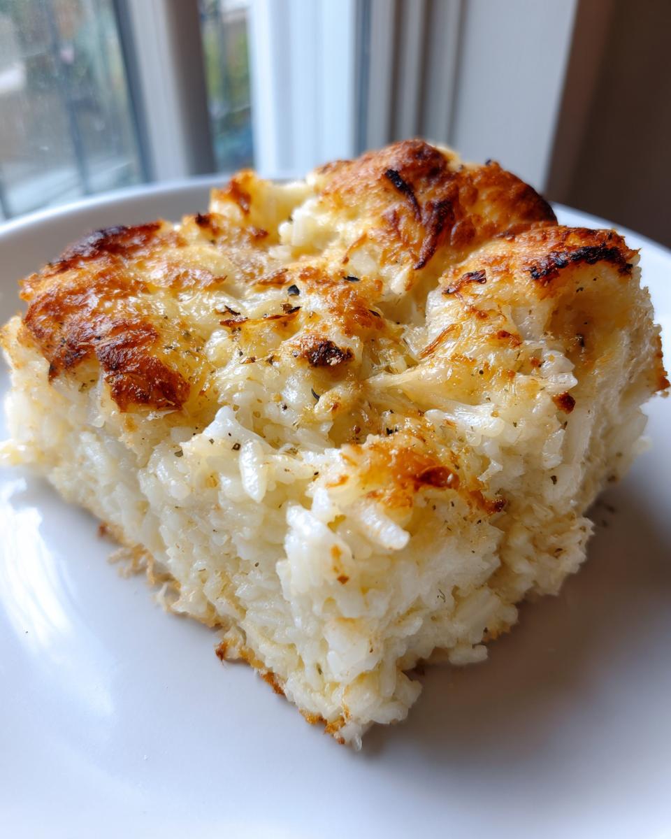 A square serving of baked French onion butter rice with a golden, cheesy, and slightly browned top.